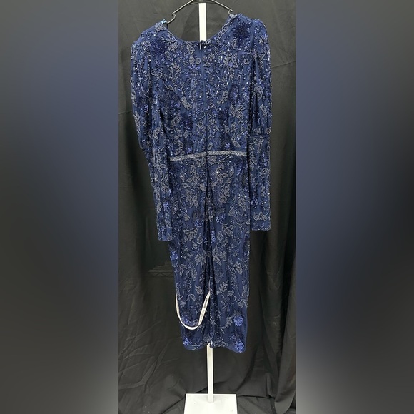 Mac Duggal 5590 NWT Midnight Blue Beaded Floral Long Sleeve Cocktail Midi Dress - Picture 5 of 7